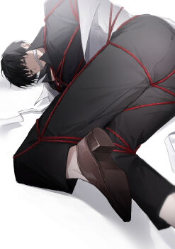 Rule 34 | 1boy, absurdres, arms behind back, black eyes, black hair, black shirt, bound, bound legs, coat, coat partially removed, collared shirt, curled up, foot out of frame, from below, full body, gagged, highres, kim dokja, looking at viewer, male focus, omniscient reader's viewpoint, shibari, shirt, short hair, solo, tanppopo9, white coat