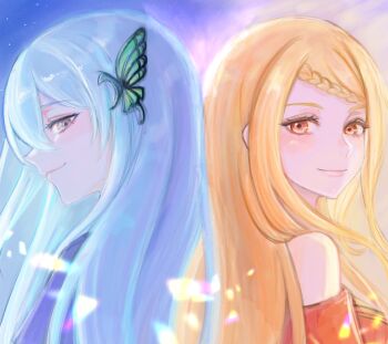 Rule 34 | 2girls, back, back-to-back, bare shoulders, blonde hair, blue background, blue hair, braid, braided bangs, bug, butterfly, butterfly hair ornament, closed mouth, dress, echidna (re:zero), eyelashes, from behind, from side, grey eyes, hair between eyes, hair ornament, highres, insect, light blush, light smile, lips, lipstick, long eyelashes, long hair, looking at viewer, makeup, multiple girls, no lineart, orange hair, pink lips, poppokopopop, priscilla barielle, profile, re:zero kara hajimeru isekai seikatsu, red dress, red eyes, shiny skin, simple background, smile, upper body, very long hair, white hair