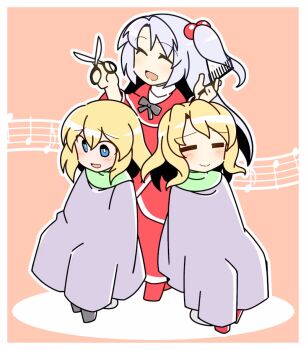 Rule 34 | 3girls, :d, ^ ^, alice margatroid, black bow, black bowtie, blonde hair, blue eyes, blush, bow, bowtie, cloak, closed eyes, cutting hair, dairi, dress, hair between eyes, hair brush, hair ornament, happy, holding, holding hair brush, holding scissors, long hair, multiple girls, musical note, no headwear, open mouth, red dress, scissors, shinki (touhou), shoes, short hair, simple background, sitting, smile, standing, touhou, white hair, yumeko (touhou)