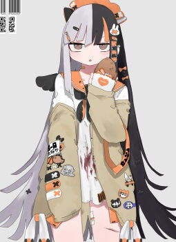 1girl absurdres bandaid bandaid_on_arm bandaid_on_hand bandaid_on_leg bandaid_on_neck bandaid_on_thigh barcode black_hair black_wings blood bow commentary_request cowboy_shot dress grey_background hair_bow hair_ornament hairclip highres long_hair long_sleeves looking_at_viewer multicolored_hair nukunuku_nigirimeshi off_shoulder open_clothes original qr_code safety_pin sailor_collar sailor_dress shirt simple_background sleeves_past_fingers sleeves_past_wrists solo split-color_hair tongue tongue_out very_long_hair wings