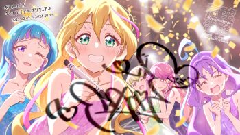 5girls absurdres ahoge aokaze_nana artist_logo bare_arms bare_shoulders black_hair blonde_hair blue_hair blunt_bangs confetti cure_idol cure_kiss cure_kyunkyun cure_wink cure_zukyuun dress gradient_hair hair_between_eyes hair_extensions highres holding holding_pen hug hug_from_behind kimi_to_idol_precure kyoutsuugengo logo long_hair multicolored_hair multiple_girls one_eye_closed open_mouth parted_bangs party_popper pen pink_hair precure purple_hair sakura_uta_(precure) shigure_kokoro short_dress sign signature smile stage stage_lights sweat sweatdrop tanaka_meron tanaka_purin transformation transforming_clothes upper_body very_long_hair