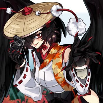 1girl bird_wings black_claws black_eyeliner black_hair black_wings camera eyeliner hat highres holding holding_camera kourindou_tengu_costume leaf_print looking_at_viewer makeup red_eyeliner red_eyes red_hat red_nails rinnytanart shameimaru_aya smile solo tengu tokin_hat tongue tongue_out touhou wings