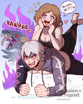 1boy 1girl alternate_costume barefoot blonde_hair blue_eyes breasts cleavage commission dragon english_text exercising eyes_of_grima female_kiran_(fire_emblem) female_kiran_(fire_emblem)_(evomanaphy) fire_emblem fire_emblem_heroes freckles glowing glowing_eyes gzei highres kiran_(fire_emblem) leaning_on_person male_robin_(fire_emblem) male_robin_(grima)_(fire_emblem) medium_breasts nintendo plank planking red_eyes speech_bubble sports_bra sweat sweatdrop sweater workout_clothes