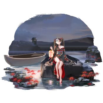 1girl absurdres architecture bare_legs bell black_kimono boat breasts brown_hair chouchin-obake cloud cloudy_sky collarbone covered_face drill_hair drill_sidelocks east_asian_architecture floral_print flower full_body game_asset hair_flower hair_ornament highres holding holding_lantern japanese_clothes jingle_bell kimono kimono_partially_removed landscape lantern last_origin lily_bloomerchen long_hair long_tongue looking_at_viewer medium_breasts nail_polish neck_bell night non-web_source obi obijime official_alternate_costume official_art okobo on_rock one_eye_covered oni outdoors paper_lantern parted_lips platform_sandals red_eyes red_flower red_nails river sandals sash sharp_teeth sidelocks sitting sky soaking_feet solo soulworker spider_lily tachi-e taesi teeth toenail_polish toenails tongue transparent_background twintails water watercraft wide_sleeves