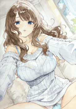 1girl absurdres ahoge bare_shoulders blue_eyes bra_visible_through_clothes breasts brown_hair cleavage commentary_request highres indoors large_breasts lensia long_hair long_sleeves looking_at_viewer no_pants original painting_(medium) panties parted_lips ribbed_sweater sitting sweater traditional_media underwear watercolor_(medium) white_panties white_sweater
