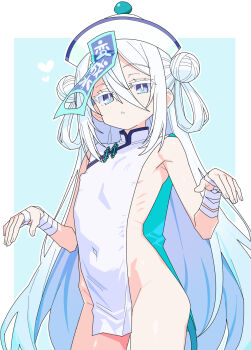 1girl blue_eyes bombergirl breasts character_request commentary_request covered_navel double_bun hair_between_eyes hair_bun hat highres long_hair matuo3232 ribs small_breasts solo suisui_(bombergirl) white_hair