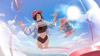 1girl bikini black_bikini black_eyes black_hair breast_press breasts cheek_squash cleavage closed_eyes collarbone inflatable legs naruto_(series) navel official_art pig shizune_(naruto) swimsuit thighs tonton_(naruto)