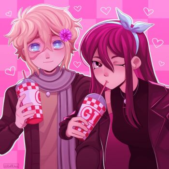 Rule 34 | 1boy, 1girl, alternate costume, alternate universe, antenna hair, aubrey (faraway) (omori), aubrey (omori), basil (faraway) (omori), basil (omori), black coat, black eyes, black hair, black sweater, blonde hair, blue eyes, blue hairband, bright pupils, brown cardigan, cardigan, checkered background, closed mouth, coat, commentary, cup, disposable cup, double-parted bangs, drinking straw, drinking straw in mouth, english commentary, grey scarf, hair between eyes, hairband, highres, holding, holding cup, jewelry, long hair, long sidelocks, long sleeves, looking at viewer, necklace, omori, one eye closed, open cardigan, open clothes, pink background, scar, scar on face, scar on hand, scarf, sidelocks, smile, sweater, white pupils, zoewillowz