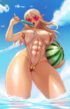 1girl abs absurdres bikini blonde_hair blue_sky born-to-die breasts cloud covered_erect_nipples day elf food fruit gold_slingshot_swimsuit highres holding holding_food holding_fruit holding_popsicle holding_watermelon large_breasts long_hair looking_at_viewer ocean one-piece_tan open_mouth original outdoors partially_submerged pointy_ears popsicle purple_eyes red-tinted_eyewear sky slingshot_swimsuit standing sunglasses swimsuit tan tanline thighs tinted_eyewear watermelon wet