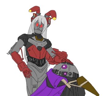 animal_ears astromech_droid c-3po cape commentary_request cowboy_shot droid fake_animal_ears gauntlets girls&#039;_frontline girls&#039;_frontline_2:_exilium grey_hair hair_between_eyes korean_commentary krolik_(girls&#039;_frontline_2) long_hair looking_at_viewer nemesis_(girls&#039;_frontline_2) parody purple_cape purple_eyes r2-d2 rabbit_ears red_eyes robot simple_background star_wars white_background wtfman
