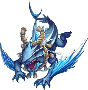 Rule 34 | artist request, blue scales, dragon, no humans, official art, open mouth, persona, persona (summon), persona 5, persona 5: the phantom x, red eyes, rope, rope around neck, sahimochi-no-kami (persona), sharp teeth, shimenawa, solo, sword, tail, teeth, third-party source, transparent background, weapon