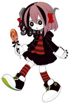 1girl black_dress black_hair bow candy crea_flankenstein cross-shaped_pupils dress food frills full_body funamusea funamusea_(artist) green_eyes grey_horns hair_bow high_tops holding holding_food hood hoodie horns kneehighs lollipop long_sleeves multicolored_hair official_art open_mouth petticoat pink_hair red_bow ringlets shirt shoes short_hair simple_background sneakers socks solo split-color_hair standing stitched_face stitched_leg stitches striped_clothes striped_shirt striped_socks swirl_lollipop symbol-shaped_pupils two-tone_hair undead walking white_background