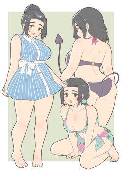 1girl absurdres anklet ass barefoot bikini black_bikini black_hair blue_hairband breasts cleavage commentary_request demon_tail dress ebihara_naho eyes_visible_through_hair floral_print front-tie_bikini_top front-tie_top green_eyes hair_bun hair_ornament hair_scrunchie hairband halterneck highres idolmaster idolmaster_cinderella_girls jewelry large_breasts noe_aoikaba ponytail scrunchie short_dress single_hair_bun sitting striped_clothes striped_dress swimsuit tail vertical-striped_clothes vertical-striped_dress wariza