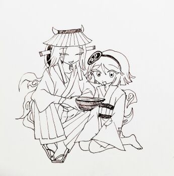 2others alcohol androgynous bare_legs barefoot blunt_ends closed_eyes crossed_ankles cup full_body greyscale gud_490811 hairband hakama hakama_pants head_mirror highres holding holding_cup japanese_clothes kimono kneeling len'en long_hair long_sleeves mitsumo monochrome multiple_others open_mouth other_focus pants patchwork_clothes personification photo_(medium) sakazuki sake sandals short_hair short_kimono sitting sleeves_past_fingers sleeves_past_wrists smile tabi terumi_(len'en) toes traditional_media wide_sleeves zouri
