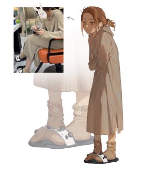 1girl animal-themed_footwear artist_self-insert brown_eyes brown_hair brown_socks chinese_commentary closed_mouth cold commentary commentary_request crossed_arms english_commentary full_body highres hood hood_down hooded_dress jianli mixed-language_commentary original photo-referenced ponytail real_life_insert sandals short_hair short_ponytail slides socks solo squeans standing zoom_layer