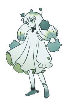 Rule 34 | 1girl, anklet, blue eyes, chain, chain around leg, chain around neck, colored extremities, colored skin, commentary request, cookie run, cookie run: kingdom, dress, gradient hair, green eyes, green hair, heterochromia, jewelry, long sleeves, luohe2001, multicolored hair, pom pom dough cookie, sleeves past fingers, sleeves past wrists, solo, torn sleeve, twintails, white background, white dress, white hair