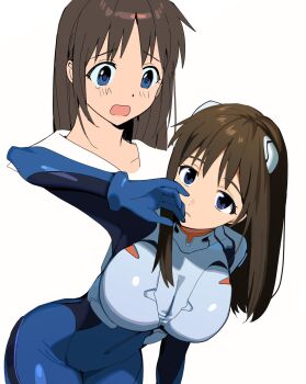 1girl 4zw89qkqagggcf7 blue_eyes bodysuit breasts brown_hair cleavage genderswap genderswap_(mtf) highres ikari_shinji large_breasts long_hair mecha_pilot_suit neon_genesis_evangelion plugsuit_(evangelion) simple_background white_background