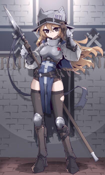 absurdres armor belt black_eyes black_thighhighs blonde_hair breasts gloves helmet highres imazawa knee_armor long_hair original polearm small_breasts spear thighhighs warrior weapon zettai_ryouiki