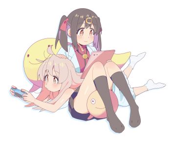 2girls ahoge bare_arms bare_legs bare_shoulders black_hair black_skirt black_socks bolo_tie brown_eyes commentary_request controller dress game_controller hair_ornament hair_ribbon hairclip hand_on_another's_head highres holding holding_controller holding_game_controller karubi_(karubi465558) kneehighs lab_coat light_blush long_hair lying_on_lap multicolored_hair multiple_girls onii-chan_wa_oshimai! oyama_mahiro oyama_mihari pink_hair purple_hair red_ribbon red_shirt ribbon shirt siblings simple_background sisters sitting skirt sleeveless sleeveless_dress smile socks tablet_pc twintails two-tone_hair white_background white_dress white_socks