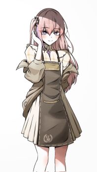 Rule 34 | 1girl, arm behind back, black dress, blush, bright pupils, brown jacket, corrupted twitter file, dress, feet out of frame, girls' frontline, hair ornament, hand up, highres, jacket, looking at viewer, multicolored hair, off shoulder, open clothes, open jacket, pink hair, purple eyes, purple streaks, reynamadrista, simple background, smile, solo, st ar-15 (girls' frontline), standing, streaked hair, white background, white pupils