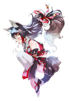 1girl absurdres animal_ear_fluff animal_ears bare_shoulders bell black_hair black_sandals black_skirt black_sleeves blush breasts choker closed_eyes clothes_lift commentary_request cropped_shirt curled_up detached_sleeves fetal_position floating_hair from_side frown full_body hair_ornament hands_on_own_feet highres hololive jingle_bell kouhaku_nawa long_hair low-tied_long_hair medium_breasts multicolored_hair no_mouth ookami_mio ookami_mio_(1st_costume) red_choker rope sailor_collar sandals shimenawa shirt signature simple_background skirt skirt_lift sleeveless sleeveless_shirt solo streaked_hair tail thighhighs torokko very_long_hair virtual_youtuber white_background white_thighhighs wolf_ears wolf_girl wolf_tail