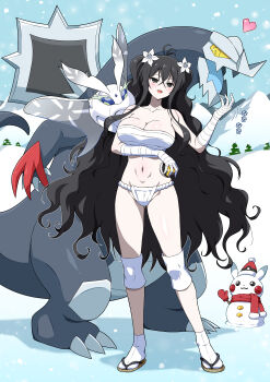 Rule 34 | 1girl, :d, absurdres, baxcalibur, black eyes, black hair, blue spine, blush, breasts, budget sarashi, bug, character snowman, chest sarashi, claws, cleavage, collarbone, colored sclera, crossover, dragon, eggman (ni tamagoex), fangs, flower, fluffy, frosmoth, fubuki (senran kagura), fundoshi, gen 1 pokemon, gen 8 pokemon, groin, hair between eyes, hair flower, hair ornament, heart, highres, holding, holding poke ball, insect, japanese clothes, knee guards, large breasts, linea alba, long hair, long tail, mini snowman, mittens, moth, mountain, mountainous horizon, navel, nintendo, on shoulder, open mouth, pale skin, pikachu, poke ball, poke ball print, pokemon, pokemon (creature), pokemon on shoulder, red scarf, sandals, sarashi, scarf, senran kagura, senran kagura new link, skin fangs, sky, smile, snow, snowing, snowman, spine, spines, spinosaurus, tabi, tail, translation request, tree, ultra ball, very long hair, wavy hair, white flower, white lily, winter, yellow sclera, zouri