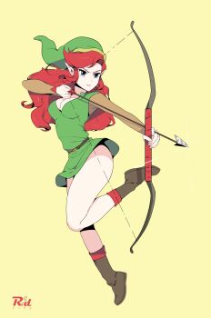 1girl absurdres arrow_(projectile) artist_logo artist_name belt blue_eyes boots bottomless bow_(weapon) breasts brown_boots cleavage clothes_lift commentary drawing_bow floating_clothes full_body genderswap genderswap_(mtf) glint green_hat green_tunic hat highres holding holding_bow_(weapon) holding_weapon leg_up link link_(shounen_captain) logo long_hair looking_ahead medium_breasts nintendo parted_lips phrygian_cap pointy_ears r3dfive red_hair simple_background solo the_legend_of_zelda the_legend_of_zelda_(nes) thighs tunic tunic_lift v-shaped_eyebrows weapon yellow_background