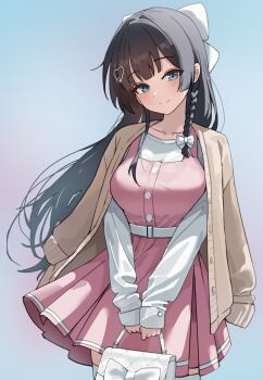 Rule 34 | 1girl, absurdres, arm out of sleeve, bag, black hair, blue eyes, bow, braid, breasts, brown cardigan, cardigan, closed mouth, commentary request, cowboy shot, dress, grey background, hair bow, hair ornament, handbag, heart, heart hair ornament, highres, holding, holding bag, korean commentary, large breasts, long hair, long sleeves, pinafore dress, pink dress, shirayuki hina, shirt, short dress, sleeveless, sleeveless dress, smile, solo, split mouth, standing, stellive, tay (cdjk7758), virtual youtuber, white bow, white shirt