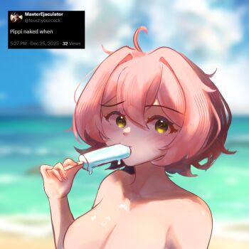 1girl absurdres ahoge armpit_crease beach black_hair blurry blurry_background blush breasts cleavage collarbone commentary eating english_commentary english_text food food_in_mouth green_eyes h3p0 hair_intakes hand_up highres holding holding_food holding_popsicle looking_at_viewer medium_breasts melting_popsicle multicolored_hair nude osu! outdoors pink_hair pippi_(osu!) popsicle popsicle_in_mouth portrait request_inset shiny_skin solo twitter_screenshot two-tone_hair
