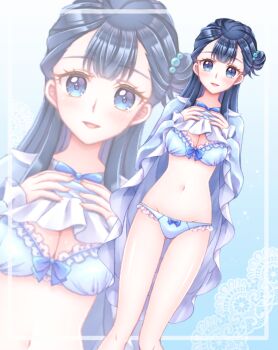 1girl :d bare_legs blue_background blue_bow blue_bra blue_dress blue_eyes blue_hair blue_panties blue_theme bow bow_bra bow_panties bra breasts cleavage clothes_lift commentary dress dress_lift dutch_angle hair_bun hair_ornament hugtto!_precure lace_background lifting_own_clothes lingerie long_hair looking_at_viewer medium_breasts midriff navel negligee open_mouth paid_reward_available panties precure shiny_skin sia_(pixiv101833741) smile solo standing underwear yakushiji_saaya zoom_layer