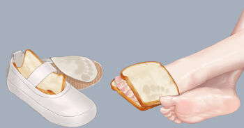 1girl barefoot bread bread_slice feet foot_focus highres liang_mu shoes soles toes unworn_shoes uwabaki