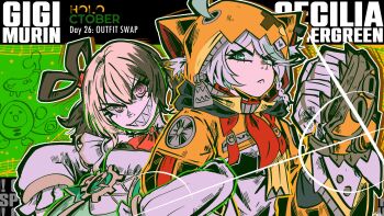 2girls :&lt; ahoge ascot brown_hair cecilia_immergreen cecilia_immergreen_(1st_costume) character_name clenched_hand clenched_teeth commentary cosplay costume_switch detached_sleeves dress english_commentary frown gauntlets gigi_murin gigi_murin_(1st_costume) gigi_murin_(cosplay) green_eyes green_hair grin hair_rings hair_through_hood hand_up hands_on_own_hips highres hololive hololive_english hooded_shrug locked_arms looking_at_viewer multicolored_hair multiple_girls orange_hood orange_shrug pink_eyes red_ascot roxis_in_wunder shrug_(clothing) smile standing teeth twintails two-tone_hair upper_body v-shaped_eyebrows virtual_youtuber white_dress white_sleeves zipper zipper_pull_tab
