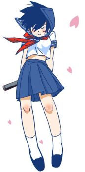 &gt;_&lt; 1girl :&gt; arms_behind_back blue_sailor_collar blue_shoes blue_skirt blush cherry_blossoms closed_mouth commentary_request diploma_tube facing_viewer falling_petals floating_hair full_body graduation high_collar holding_tube midriff neckerchief ohaka_(ohv) original petals pleated_skirt red_neckerchief sailor_collar school_uniform serafuku shirt shoes short_hair simple_background skirt smile socks solo white_shirt white_socks wind