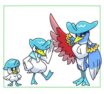 aqua_hair bird blue_eyes bright_pupils closed_mouth commentary_request evolutionary_line fakemon hand_on_own_hip kenchi leg_up nintendo pokemon pokemon_(creature) quaxly sailor_collar smile standing white_background white_pupils