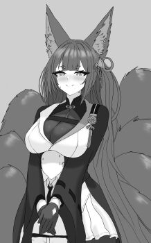 1boy 1girl absurdres amagi_(azur_lane) amagi_(cv)_(azur_lane) animal_ear_fluff animal_ears azur_lane blunt_bangs bodystocking breasts collared_shirt commander_(azur_lane) commentary english_commentary eyeliner fox_ears fox_girl gloves greyscale hair_ornament highres hug hug_from_behind kitsune large_breasts long_hair long_sleeves looking_down makeup monochrome multiple_tails necktie nervous_sweating shirt size_difference smile starving_for_more sweat sweatdrop tail tall_female wide_sleeves