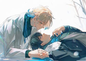 Rule 34 | 2boys, absurdres, black sweater, blonde hair, blue hair, blue lock, blue scarf, blush, closed mouth, coat, commentary, eye contact, from side, fur-trimmed coat, fur trim, gradient hair, highres, holding hands, isagi yoichi, jacket, jewelry, looking at another, lying, male focus, michael kaiser, multicolored hair, multiple boys, necklace, on back, pcal pcal, ring, ring necklace, scarf, short hair with long locks, smile, snow, snowing, sweater, turtleneck, turtleneck sweater, two-tone hair, white jacket, yaoi