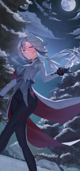 1girl absurdres arlecchino_(genshin_impact) black_hair black_hands black_pants black_sky blue_hair blue_sky box_(bagsang59049289) breasts closed_mouth cloud cloudy_sky colored_extremities colored_inner_hair commentary english_commentary feet_out_of_frame floating_hair full_moon genshin_impact gradient_sky grey_hair hair_between_eyes hair_ornament hand_up highres jacket jewelry lapels long_hair long_sleeves looking_at_viewer low_ponytail medium_breasts moon moonlight mountain multicolored_hair multiple_rings night night_sky outdoors pants pine_tree ponytail red_eyes red_pupils ring shirt sky smile snow snow_on_tree solo star_(sky) starry_sky symbol-shaped_pupils tree two-tone_hair walking white_jacket white_shirt winter x-shaped_pupils