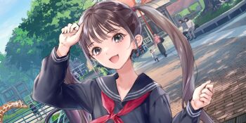 1other 2girls 5boys :d animal arm_up azumi_nanaka bench black_sailor_collar black_serafuku black_shirt blue_reflection_(series) blue_reflection_sun blue_sky brick_road brown_hair building day dutch_angle elephant game_cg giraffe grey_eyes hand_up highres kishida_mel long_hair long_sleeves looking_at_viewer multiple_boys multiple_girls non-web_source official_art open_mouth outdoors railing sailor_collar school_uniform serafuku shirt sidelocks sky smile solo_focus swept_bangs tree twintails upper_body very_long_hair zoo