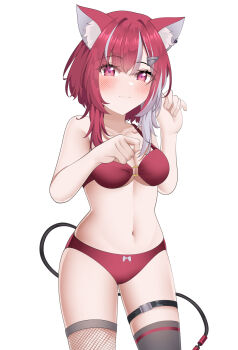 1girl absurdres animal_ear_fluff animal_ears asymmetrical_legwear belly blush blush_stickers bra cat_ears cat_girl commission fishnet_thighhighs fishnets hair_ornament hairclip highres knee_up knees_up looking_at_viewer lyko_lianna navel panties pink_eyes pink_hair red_bra red_panties reqware short_hair simple_background solo tail thighhighs underwear underwear_only v4mirai virtual_youtuber white_background