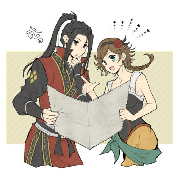 1boy 1girl agnea_bristarni bare_arms bare_shoulders belt black_belt black_corset black_hairband black_pants black_shirt blue_eyes border braid breasts brown_hair closed_mouth corset cowboy_shot cropped_legs earrings flower green_sash grey_background grey_eyes hair_flower hair_ornament hairband hand_on_own_chin hikari_ku holding holding_map hoop_earrings japanese_clothes jewelry long_hair map medium_breasts octopath_traveler octopath_traveler_ii open_mouth orange_skirt pants parted_bangs pointing ponytail red_flower red_rose red_tunic rose sash satsuki_(chaosmode) shirt short_hair_with_long_locks single_braid skirt sleeveless sleeveless_shirt smile swept_bangs tunic waist_sash white_border white_shirt