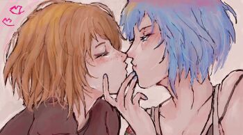 2girls blue_eyes blue_hair blue_nails brown_hair brown_shirt ch3m1calm3m0r13 chloe_price closed_eyes heart highres life_is_strange_(series) life_is_strange_1 max_caulfield multiple_girls shirt short_hair sketch upper_body yuri