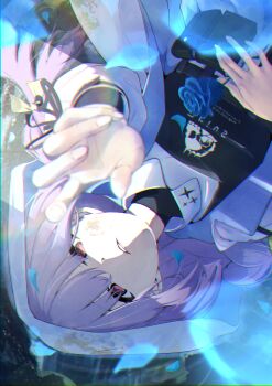 1girl absurdres atsuko_(blue_archive) blue_archive blue_flower botaso_(t4s0) braid bulletproof_vest commentary_request dirty flower hair_between_eyes highres hood jacket long_hair long_sleeves looking_at_viewer purple_hair reaching reaching_towards_viewer red_eyes solo tactical_clothes teeth twin_braids upside-down white_hood white_jacket