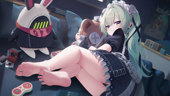 1girl bangboo_(zenless_zone_zero) barefoot black_dress black_panties black_ribbon camera chain chinese_commentary commentary_request controller corin_wickes dinyc dress earclip earrings eous_(zenless_zone_zero) feet game_controller green_hair hair_between_eyes hair_ribbon highres hugging_doll hugging_object indoors jewelry long_hair looking_at_viewer lying maid_headdress on_side panties pantyshot parted_lips pillow poster_(object) puffy_short_sleeves puffy_sleeves purple_eyes ribbon short_sleeves soles stuffed_animal stuffed_toy teddy_bear teeth toes twintails underwear very_long_hair zenless_zone_zero