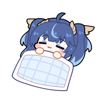 1girl :3 ahoge blue_hair closed_eyes closed_mouth commentary english_commentary iuno_(wuthering_waves) multicolored_hair simple_background sleeping solo streaked_hair twomoon white_background wuthering_waves