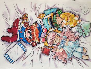 Rule 34 | 3girls, ai (g-on riders), alien, animal ear fluff, animal ears, antennae, babydoll, barefoot, bed sheet, blue babydoll, blue hat, blue pajamas, blush stickers, book, cat ears, cat girl, closed eyes, dinosaur costume, dinosaur tail, energy gun, eyewear on head, fake antennae, from above, g-on riders, glasses, goggles, goggles on headwear, gun, handgun, hard hat, hashtag-only commentary, hat, headphones, helmet, highres, kokomahi, long hair, mako (g-on riders), medium hair, mini eyewear, multiple girls, nightcap, official art, open mouth, orange hair, pajamas, pao (g-on riders), parted lips, pillow, round eyewear, rubber duck, sleeping, squid, sunglasses, tail, traditional media, very long hair, weapon, yellow pajamas