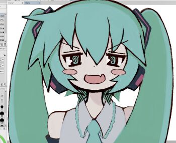Rule 34 | 1girl, 2000s (style), @ @, aqua eyes, aqua hair, aqua necktie, art program in frame, bare shoulders, detached sleeves, fang, grey shirt, hair between eyes, hatsune miku, headphones, long hair, looking at viewer, necktie, okienero, open mouth, painttool sai, painttool sai (medium), shirt, simple background, skin fang, sleeveless, smile, solo, twintails, upper body, vocaloid, white background