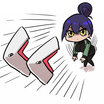 1girl animal_ears black_hair black_pantyhose black_shirt black_skirt breasts cat_ears chibi detached_ears ditienan_ddn green_jacket gundam gundam_gquuuuuux hair_bun jacket large_breasts long_sleeves nyaan_(gundam_gquuuuuux) open_clothes open_jacket pantyhose pencil_skirt shirt skirt standing throwing white_background yellow_eyes