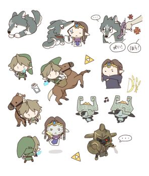 ... 2boys 2girls animal blonde_hair bow_of_light brown_hair chibi chibi_only colored_skin commentary corked_bottle dress drooling epona fang fang_out frown furrowed_brow green_hat green_tunic hat helmet_over_one_eye hero&#039;s_shade holding holding_shield holding_shoes holding_sword holding_unworn_clothes holding_weapon horse horseback_riding link master_sword midna mouth_drool multicolored_skin multiple_boys multiple_girls multiple_views musical_note nintendo phrygian_cap pointy_ears princess_zelda puppet_zelda purple_dress riding seza_game shield shoes short_hair sidelocks smile spoken_ellipsis sword symbol-only_commentary the_legend_of_zelda the_legend_of_zelda:_twilight_princess tiara translation_request triforce tunic two-tone_skin unworn_shoes weapon white_background wolf_link