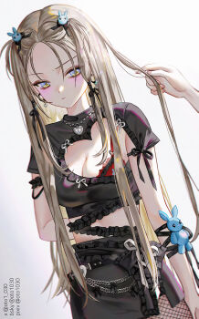 1girl 1other animal_charm arm_at_side black_bow black_ribbon black_shirt black_skirt blue_eyes bluesky_username bow bra breasts brown_hair charm_(object) choppy_bangs cleavage closed_mouth clothing_cutout commentary cowboy_shot crop_top cropped_shirt earrings english_commentary hair_ornament hair_ribbon heart heart_cutout heart_earrings heart_pendant highres holding_another's_hair jewelry large_breasts long_hair looking_at_viewer miniskirt multicolored_eyes original oto1_030 out_of_frame pixiv_username rabbit_charm rabbit_hair_ornament red_bra ribbon shirt short_sleeves simple_background skirt skirt_bow solo_focus standing straight_hair twitter_username two-tone_eyes underwear very_long_hair white_background