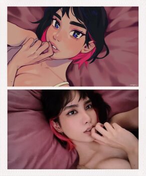 1girl artist_self-insert black_hair blue_eyes border breasts cleavage colored_inner_hair earrings hand_up highres jewelry looking_at_viewer margaret_h medium_breasts multicolored_hair original parted_lips photo-referenced pink_hair reference_inset signature solo two-tone_hair white_border